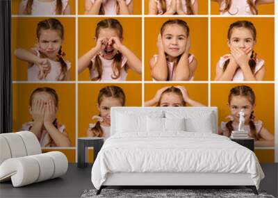 collage of portraits of little girl with different emotions on yellow background. Human emotions and facial expression Wall mural