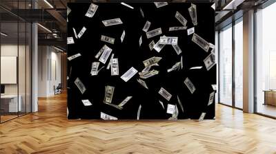 hundred dollars banknotes fly on black background. money rain concept Wall mural