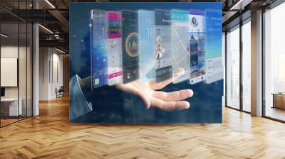 Businessman holding 3d rendering app template on a smartphone Wall mural