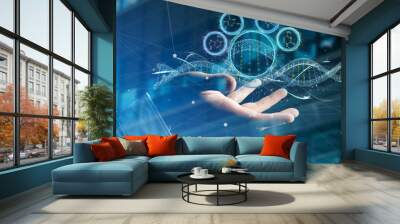 businessman holding a 3d render dna Wall mural