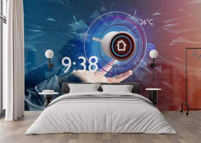 Businessman holding a Button of a smart home automation app - 3d rendering Wall mural