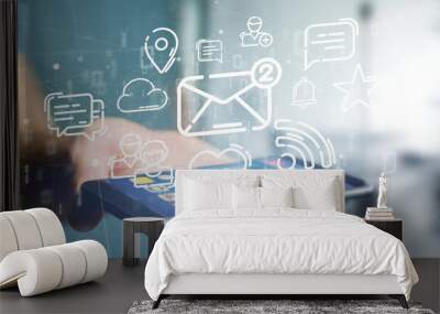 Businessman holding a cloud of social media network icon Wall mural