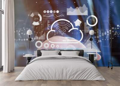 Businessman holding Cloud and wifi concept with icon, stats and data 3d rendering Wall mural