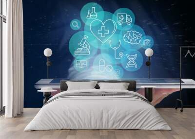 businessman holding medical icon and connection 3d rendering Wall mural