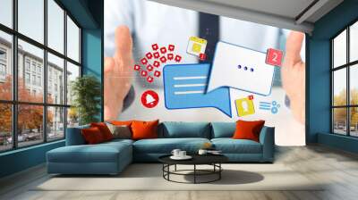 Businessman holding message and notifications of social media 3d rendering Wall mural