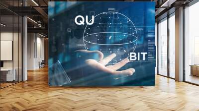 Businessman holding Quantum computing concept with qubit icon 3d rendering Wall mural