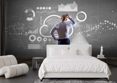 Businessman in front of a wall with Cloud and wifi concept with icon, stats and data 3d rendering Wall mural