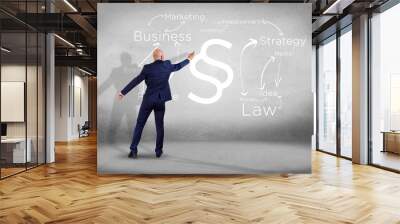 Businessman in front of a wall with Justice and law symbol displayed on a futuristic interface with business terms - technology and inspiration concept Wall mural