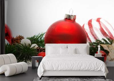 christmas white background with christmas balls and decoration Wall mural