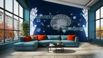 Cyborg hand holding a artificial intelligence concpt with a brain and app 3d rendering Wall mural