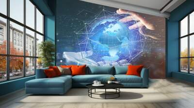 Cyborg hand holding a Connected network over a earth globe concept on a futuristic interface - 3d rendering Wall mural