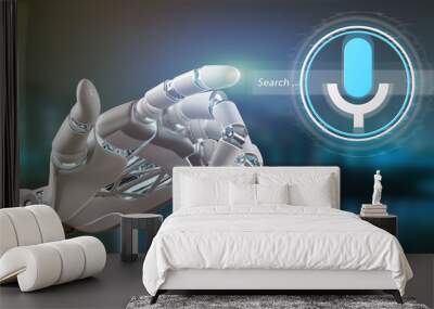 Cyborg hand holding a ocal search system with button and icon 3d rendering Wall mural