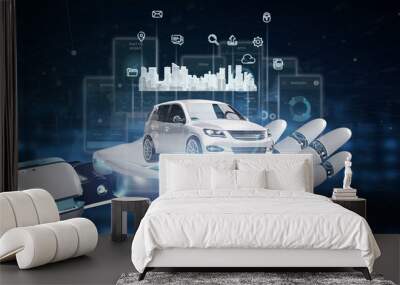 Cyborg hand holding Dashboard smartcar interface with multimedia icon and city map on a background 3d rendering Wall mural