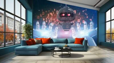 Cyborg hand holding Virus chatbot with binary code 3d rendering Wall mural