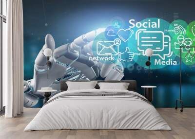 Cyborg holding a cloud of social media network icon Wall mural