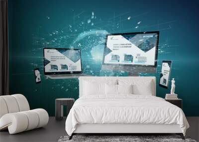 Devices connected to a global business network 3d rendering Wall mural