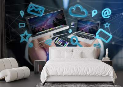 Devices like smartphone, tablet or computer flying over connection network and app- 3d render Wall mural