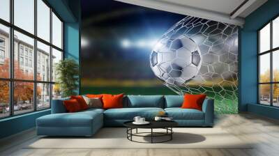 Football ball in the net of a goal - 3d rendering Wall mural