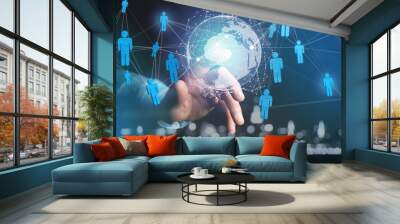 International network displayed on a futuristic interface with globe and connection - technology and business concept Wall mural