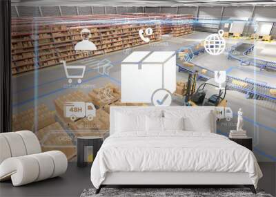 Logistic delivery service application on a warehouse background 3d rendering Wall mural