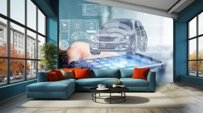 Man holding a Dashboard smartcar interface dashboard 3d rendering Wall mural