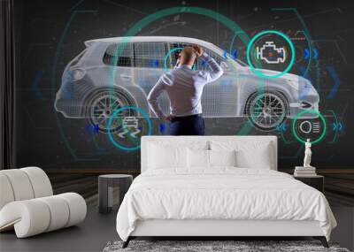 Man holding a smartcar concept 3d rendering Wall mural