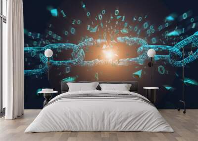 Weak link of a Broken blockchain exploding - 3d render Wall mural