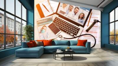 Wood doctor's desk in high definition with laptop, tablet and mo Wall mural