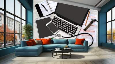 Wood doctor's desk in high definition with laptop, tablet and mo Wall mural