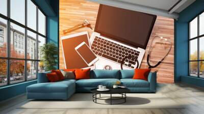 wood doctor's desk in high definition with laptop, tablet and mo Wall mural