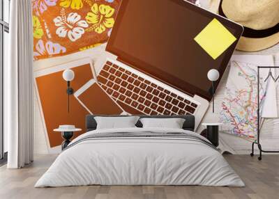 Wood tourist's desk in high definition with laptop, tablet and m Wall mural