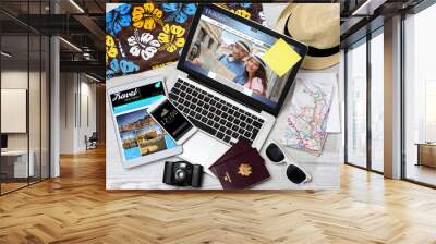 Wood tourist's desk in high definition with laptop, tablet and m Wall mural