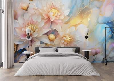 Beautiful dahlias in delicate pastel colors with gold decorations. Decorative wallpaper Wall mural