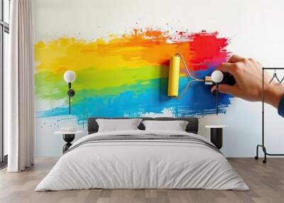 Hand holds a paint roller and paints a rainbow Wall mural