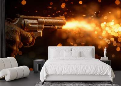 Close-up of a hand firing a revolver, with flames and sparks on a black background Wall mural