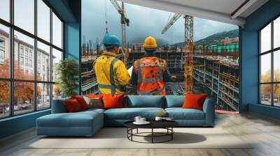 Construction workers discuss plans at a building site with cranes and concrete slabs under overcast skies Wall mural