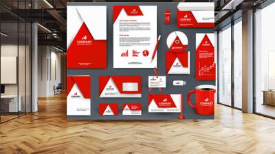 Professional universal red branding design kit with  origami element. Corporate  identity template, business stationery mock-up for real estate company. Editable vector illustration: folder, mug, etc. Wall mural