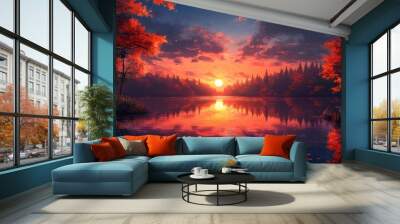 A beautiful sunset over a lake with trees in the background Wall mural