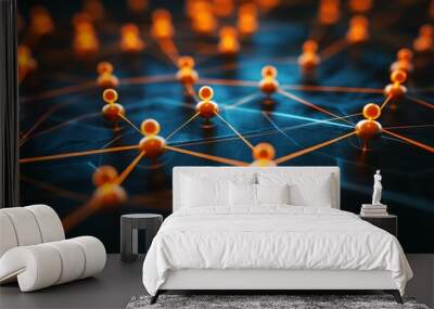 A close up of a network of orange spheres. The spheres are connected to each other in a web-like pattern. Concept of interconnectedness and complexity Wall mural