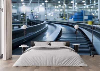 a conveyor belt in a factory with lights on the ceiling Wall mural