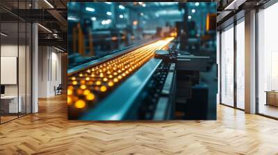 A conveyor belt with a row of glowing yellow objects on it. Concept of industrial production and efficiency Wall mural