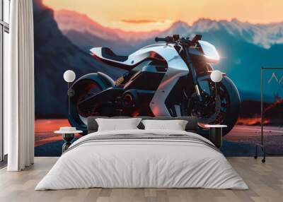 a futuristic motorcycle is parked on the side of the road Wall mural