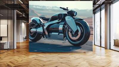 a futuristic motorcycle is parked on the side of the road Wall mural