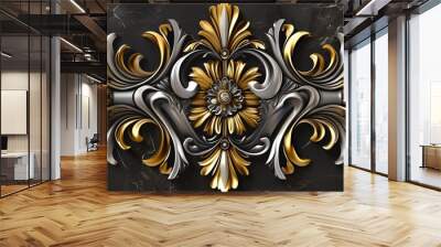 a gold and silver floral design on a black background Wall mural