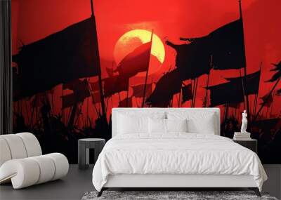 a group of flags flying in the air at sunset Wall mural