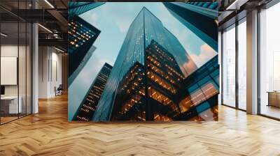 a group of tall buildings with lights on them in a city at night time Wall mural