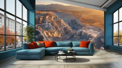 a large open area with a winding road in the middle of it and mountains in the background at sunset.. Wall mural