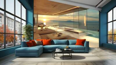 A large open living room with a view of the ocean Wall mural