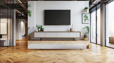 a living room with a large flat screen tv on the wall Wall mural