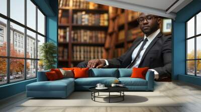 a man in a suit and tie sitting in a chair in a library Wall mural